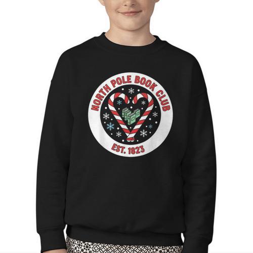 North Pole Book Club Shirt Candy Cane Christmas Youth Crewneck Sweatshirt - Bookorys CA