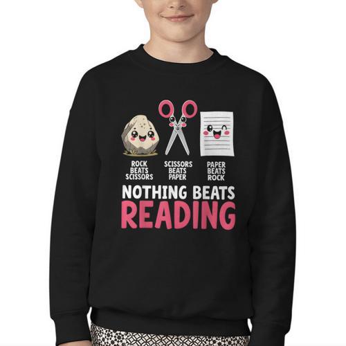 Nothing Beats Reading Rock Paper Scissors Book Lover Library Youth Crewneck Sweatshirt - Bookorys CA