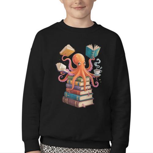 Octopus Book Reading Book Reader Ocean Octopus Youth Crewneck Sweatshirt - Bookorys