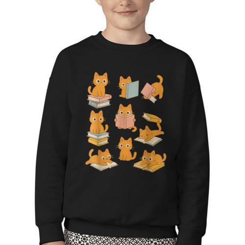 Orange Cats Reading Books Cat Lover Youth Crewneck Sweatshirt - Bookorys AU