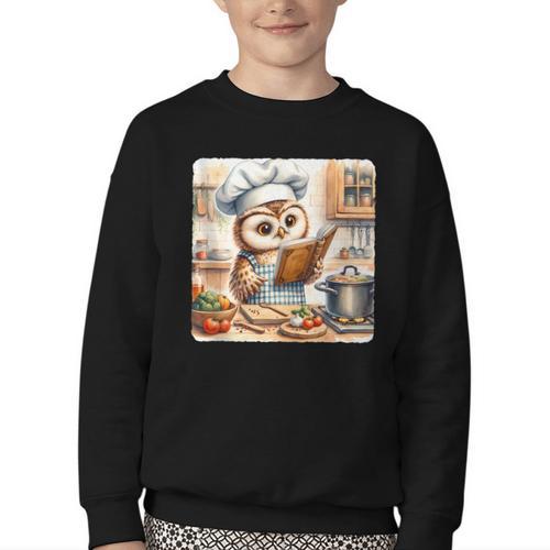 Owl Learning To Cook With Cookbook Chef Apron Stove Cooking Youth Crewneck Sweatshirt - Bookorys DE