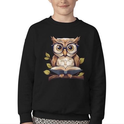 Owl Reading A Book Perched On A Branch Bookworm Youth Crewneck Sweatshirt - Bookorys