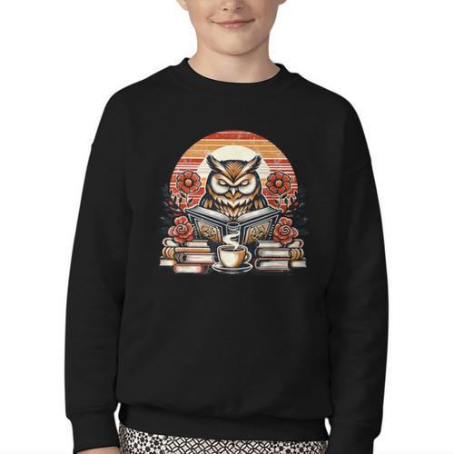 Owl Reading Books Book Library Bookworm Youth Crewneck Sweatshirt - Bookorys