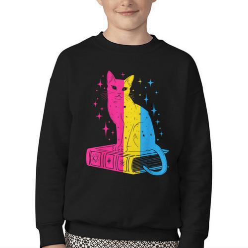 Pansexual Pride Celestial Cat Sitting Book LGBTQ Pan Colors Men Women Youth Crewneck Sweatshirt - Bookorys AU