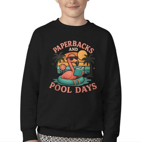 Paperbacks And Pool Days Flamingo Reading Summer Vibes Books Youth Crewneck Sweatshirt - Bookorys UK
