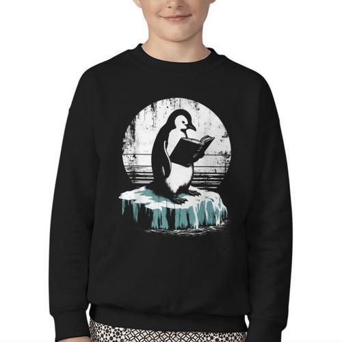 Penguin Reading A Book Vintage Graphic Bookworm Lover Youth Crewneck Sweatshirt - Bookorys DE