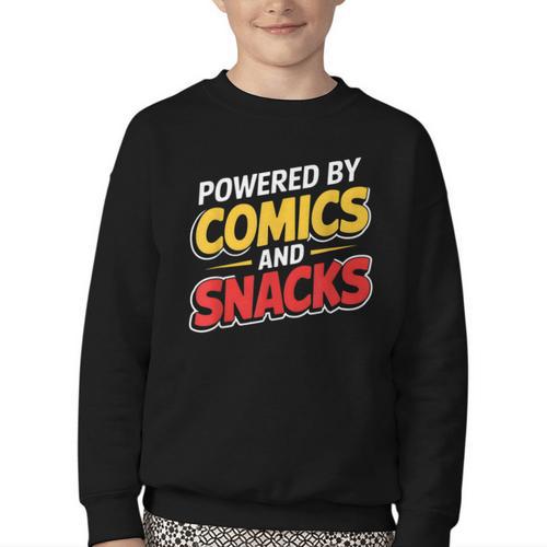 Powered By Comics And Snacks Comic Book Lover Youth Crewneck Sweatshirt - Bookorys CA