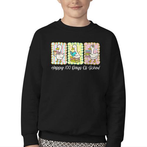 Preppy 100 Days Of School Goose Coffee Books Teacher Life Youth Crewneck Sweatshirt - Bookorys CA