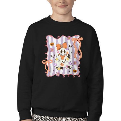 Preppy Coquette Bow Ghost Reading Books Halloween Book Youth Crewneck Sweatshirt - Bookorys