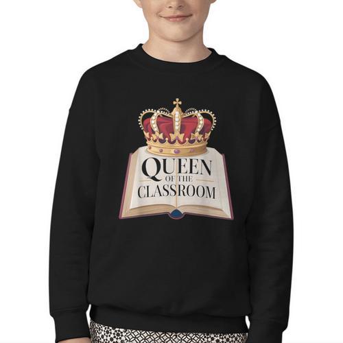Queen Of The Classroom Appreciation Royal Crown Book Youth Crewneck Sweatshirt - Bookorys