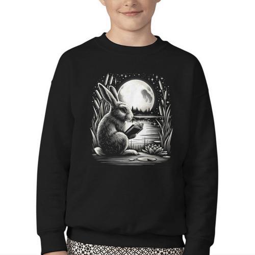 Rabbit Reading Book Full Moon Lake Scenery Youth Crewneck Sweatshirt - Bookorys DE