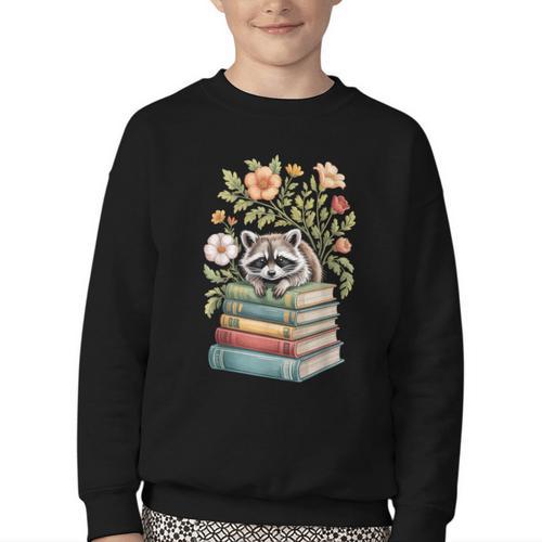 Raccoon Books Reading Flowers Youth Crewneck Sweatshirt - Bookorys