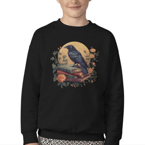 Raven Reading Book Occult Crow Cottagecore Botanical Flowers Youth Crewneck Sweatshirt - Bookorys