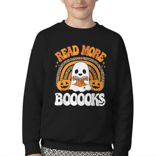 Read More Books Booooks Ghost Pumpkin Cute Teacher Halloween Youth Crewneck Sweatshirt - Bookorys CA