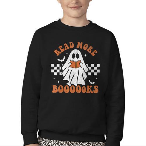 Read More Books Cute Ghost Reading Book Teacher Halloween Youth Crewneck Sweatshirt - Bookorys