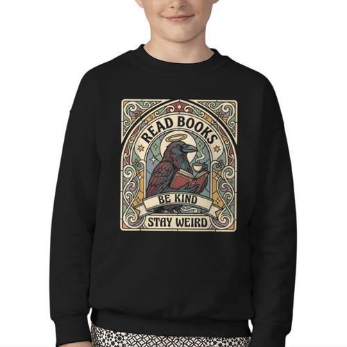 Read Books Be Kind Stay Weird Raven Tarot Reading Coffee Youth Crewneck Sweatshirt - Bookorys