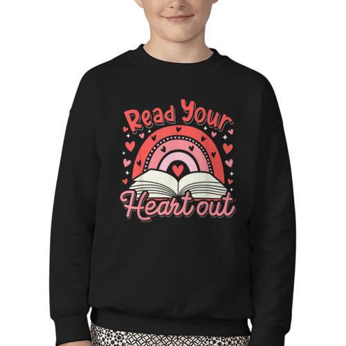 Read Your Heart Out Book Valentines Day Reading Teacher Youth Crewneck Sweatshirt - Bookorys