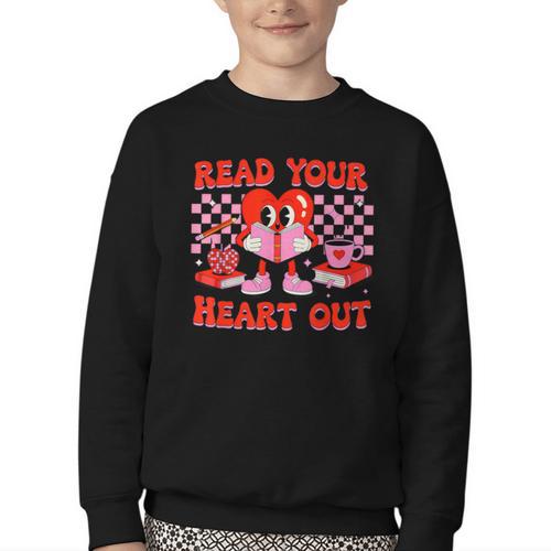 Read Your Heart Out Valentine Reading Book Kid Teacher Youth Crewneck Sweatshirt - Bookorys
