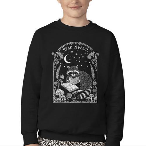 Read In Peace Raccoon Gothic Cottagecore Book Lovers Youth Crewneck Sweatshirt - Bookorys