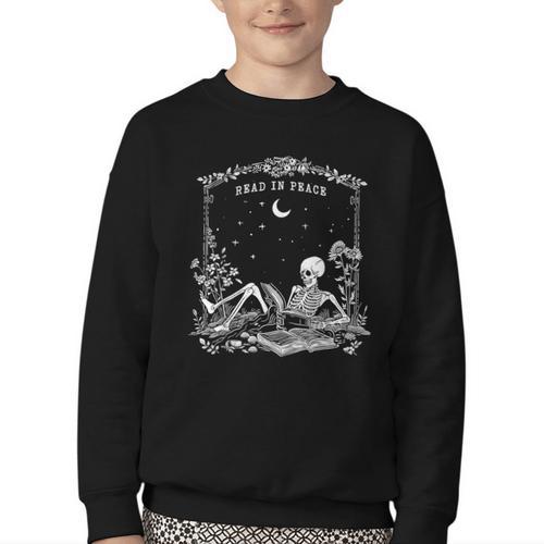 Read In Peace Skeleton Reading Book Halloween Bookish Youth Crewneck Sweatshirt - Bookorys