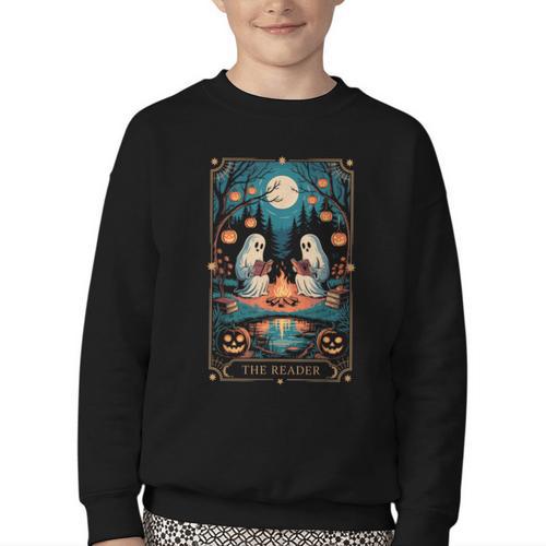 The Reader Bookish Cute Spooky Ghost Reading Book Tarot Card Youth Crewneck Sweatshirt - Bookorys