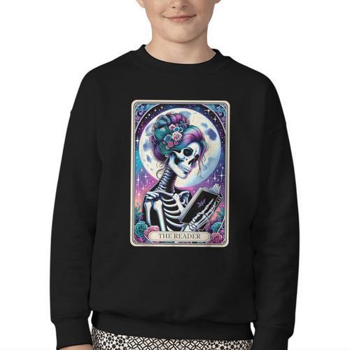 The Reader Tarot Card Reading Skeleton Skull Book Lover Youth Crewneck Sweatshirt - Bookorys CA