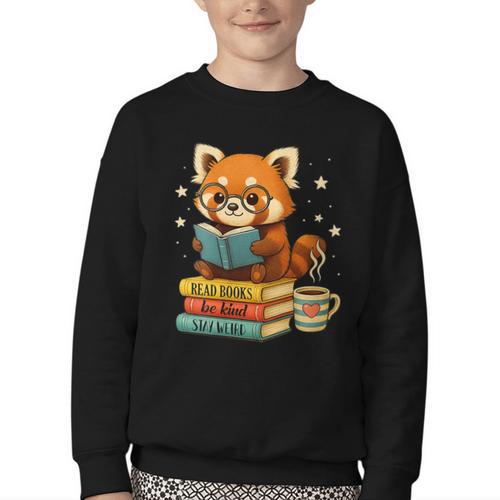 Reading Book Lover Red Panda Read Books Be Kind Stays Weird Youth Crewneck Sweatshirt - Bookorys