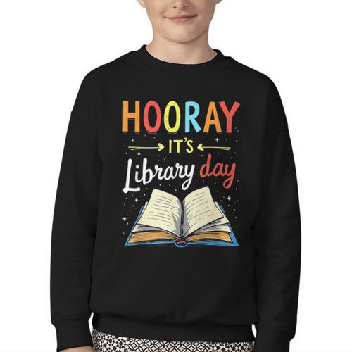 Reading Books Bibliophile Hooray It's Library Day Youth Crewneck Sweatshirt - Bookorys