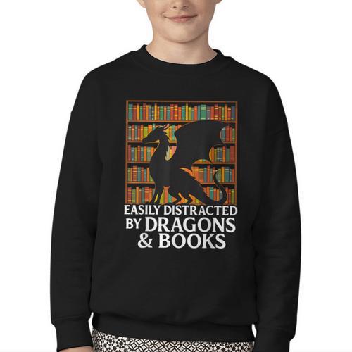 Reading Dragon Easily Distracted By Dragons And Books Youth Crewneck Sweatshirt - Bookorys CA