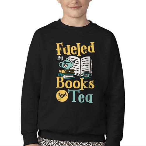 Reading Hobby Bookshelves Library Fueled By Books And Tea Youth Crewneck Sweatshirt - Bookorys