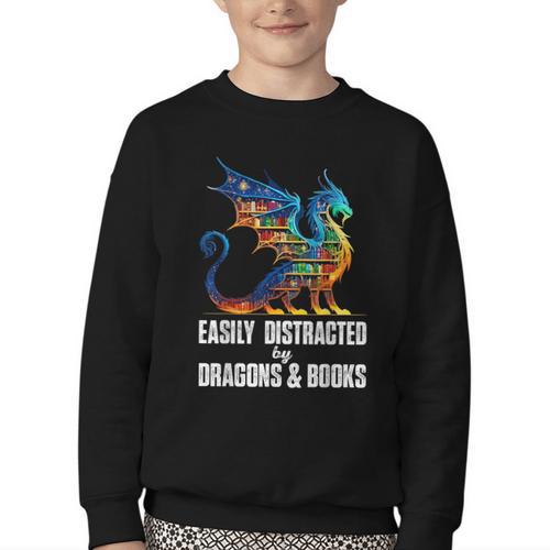 Reading Lover Easily Distracted By Dragons And Books Dragon Youth Crewneck Sweatshirt - Bookorys AU