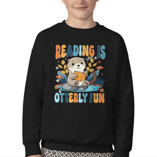 Reading Is Otterly Fun Sea Otter Book Lover Bookworm Youth Crewneck Sweatshirt - Bookorys UK