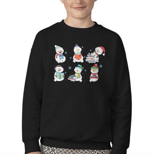 Reading Snowman Christmas Book Lovers Bookworm Librarian Youth Crewneck Sweatshirt - Bookorys CA