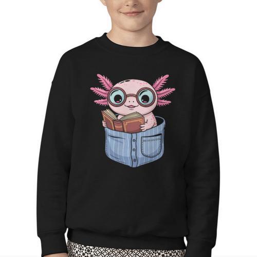 Readsalotl Axolotl Reading Book Lover Reading Pocket Axolotl Youth Crewneck Sweatshirt - Bookorys CA