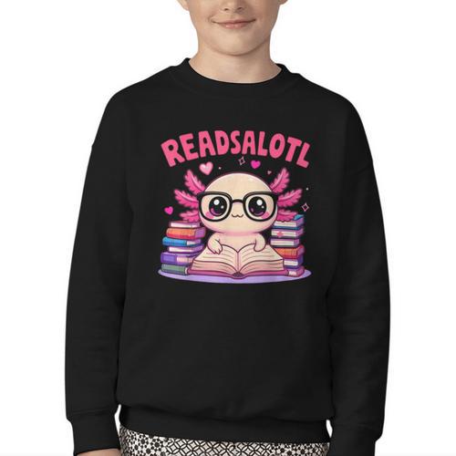 Readsolotl Pink Kawaii Axolotl Book Lover Reading Youth Crewneck Sweatshirt - Bookorys CA