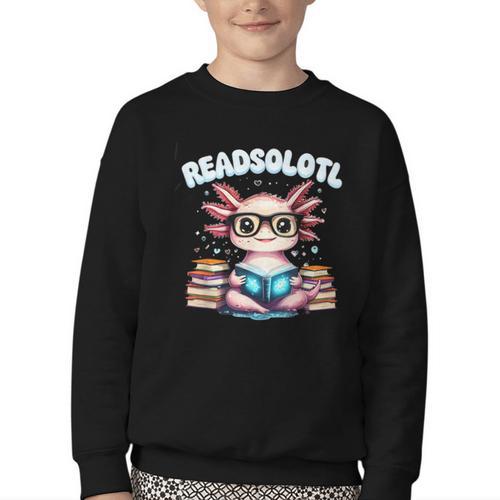Readsolotl Pink Kawaii Axolotl Read Book Lover Reading Youth Crewneck Sweatshirt - Bookorys