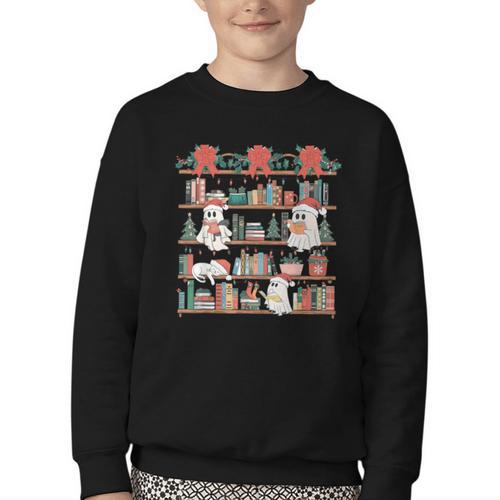 Retro Ghost Reading Book Teacher Librarian Bookish Christmas Youth Crewneck Sweatshirt - Bookorys