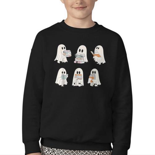 Retro Ghost Reading Books Halloween Bookish Ghost Bookworm Youth Crewneck Sweatshirt - Bookorys