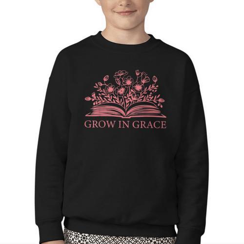 Retro Grow In Grace Wildflower Book Christian Bible Verse Youth Crewneck Sweatshirt - Bookorys UK