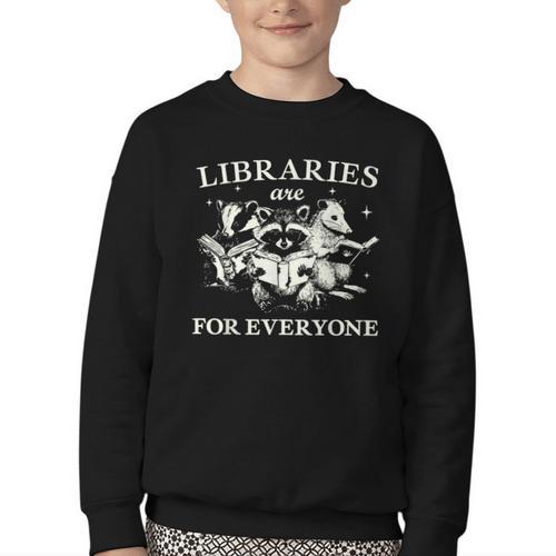 Retro Libraries Are For Everyone Racoon Reading Book Lover Youth Crewneck Sweatshirt - Bookorys