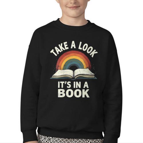 Retro Rainbow Take A Look It's In A Book Reading Youth Crewneck Sweatshirt - Bookorys CA