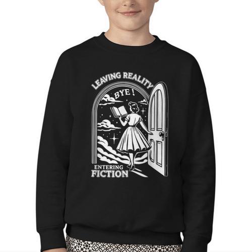 Retro Trendy Bookish Book Lover Reading Quotes Leaving Reality Entering Fiction -Adults Small Short Sleeve T-Shirt Youth Crewneck Sweatshirt - Bookorys