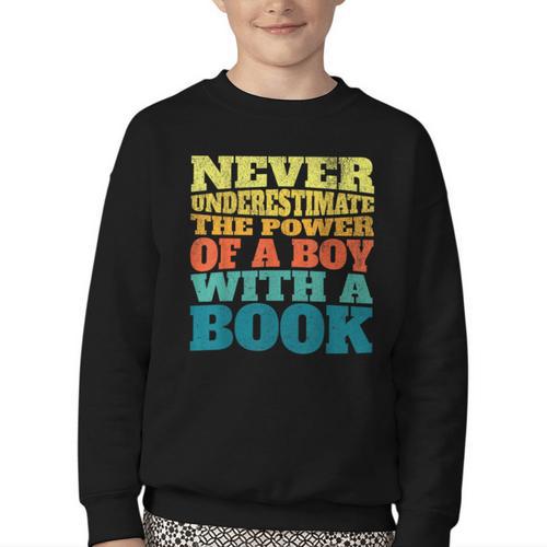 Retro Never Underestimate The Power Of a Boy With a Book Youth Crewneck Sweatshirt - Bookorys