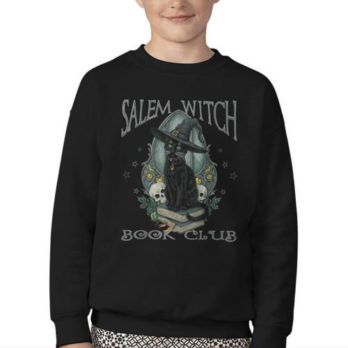 Salem Witch Book Club Cat Reading Witchy Halloween Men Youth Crewneck Sweatshirt - Bookorys
