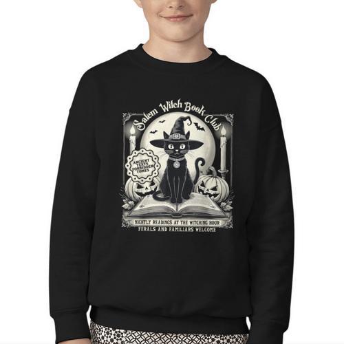 Salem Witch Book Club Vintage Halloween Cat Book Lover Youth Crewneck Sweatshirt - Bookorys
