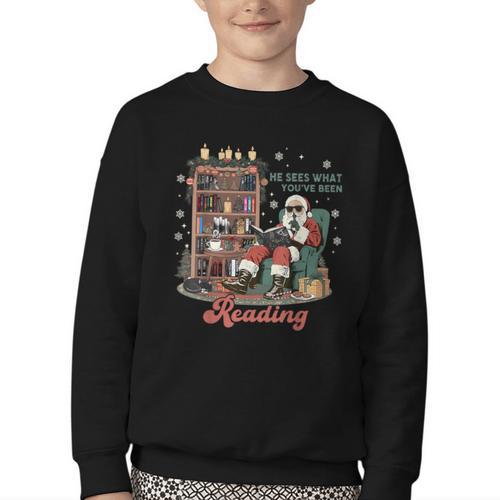 He Sees What You'Ve Been Reading Santa Christmas Bookish Youth Crewneck Sweatshirt - Bookorys AU