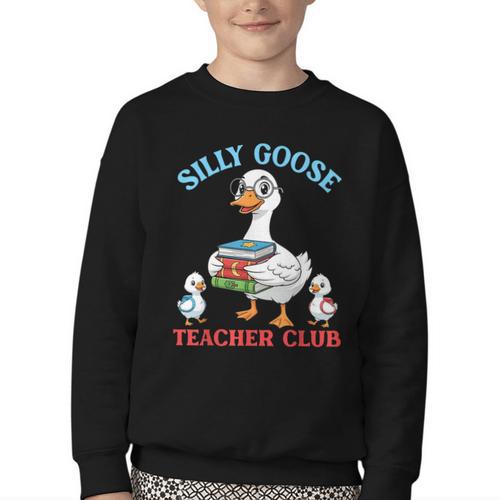 Silly Goose With Books Teacher Club School Educator Youth Crewneck Sweatshirt - Bookorys