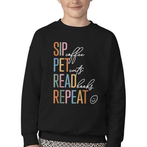 Sip Coffee Pet Cats Read Books Repeat Book Cat Lover Youth Crewneck Sweatshirt - Bookorys