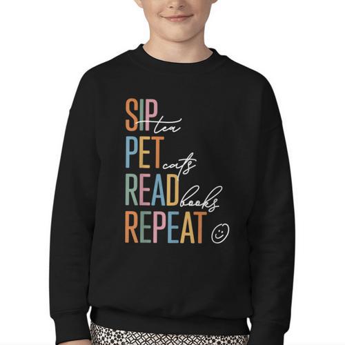 Sip Tea Pet Cats Read Books Repeat Book Cat Lover Youth Crewneck Sweatshirt - Bookorys