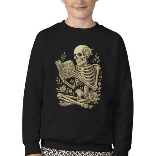 Skeleton Book Floral Skull Halloween Teacher Costume Youth Crewneck Sweatshirt - Bookorys AU